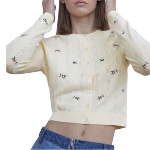 ZARA Pointelle Cropped Embroidered Cardigan in Cream Size Med—PERFECT FOR SPRING